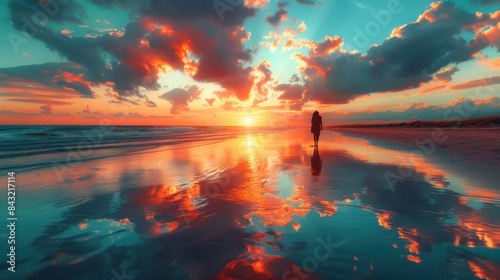 Relaxing sunrise or sunset ocean beach scene with solo person silhouette walking. Chill vacation vibe in a scenic water location. Extra space for text copy.
