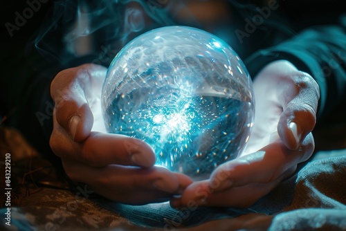 A closeup photograph of a persons hands their fingers delicately hovering over a crystal ball. The crystal glows with a soft white light seemingly alive with energy