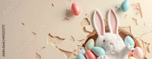 Easter bunny peeking out from hole in wall playful 3d illustration of spring holiday celebration