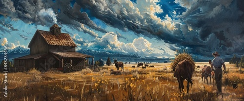 Rural rancher leads a team of horses pulling a hay wagon across a golden field toward a barn under a stormy sky