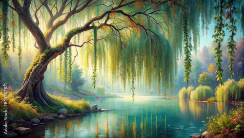 Delicate weeping willow branches cascade onto serene water, surrounded by lush foliage, in a whimsical, dreamy, and romantic watercolor-inspired digital painting fantasy landscape.