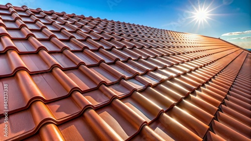 A close-up of newly installed metal roof tiles with overlapping joints and slight rust tones, set against a clear blue sky with partial sun visibility.