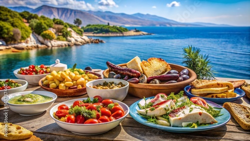 Gastronomic delights of traditional greek cuisine, including fresh seafood, feta cheese, olives, and pita bread, set against the stunning backdrop of the turquoise aegean sea.
