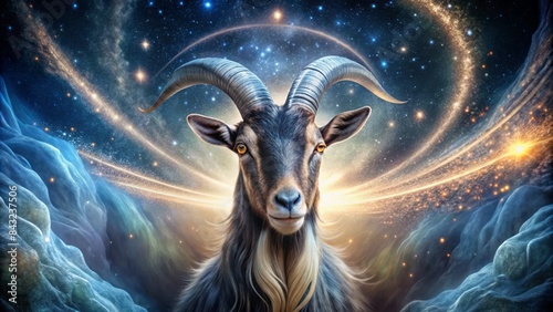 A majestic goat with curved horns shines bright amidst a swirling vortex of stars and celestial bodies on a dark, abstract background.
