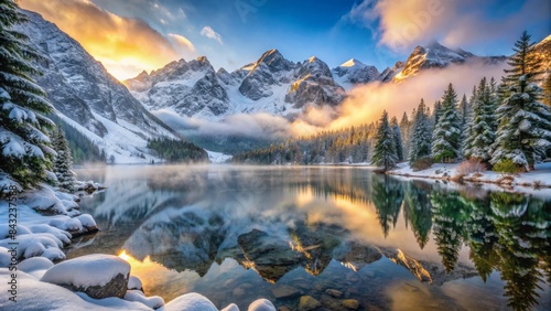Snow-capped tatra mountains tower above frozen lake morskie oko, surrounded by pine trees and misty valleys, under a pale winter sunrise in zakopane, poland.