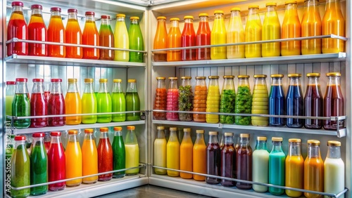 Vibrant refrigerator interior showcasing diverse array of brightly colored beverages, including juices, milk, and sodas, arranged neatly on shelves, inviting consumption.