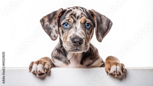 Adorable catahoula lab mix puppy with unique merle coat sits with paws elegantly placed on a blank white sign, awaiting a caption or message.