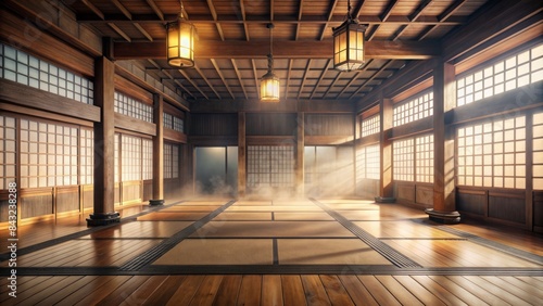 Serenene traditional japanese style dojo or karate school surrounded by misty haze evoking sense of mystique and tranquility with rustic wooden accents and subtle lighting.