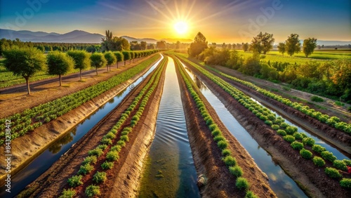 Ancient earthen canals and modern drip irrigation systems converge in a sun-kissed agricultural landscape, showcasing humanity's evolving quest for efficient water management.