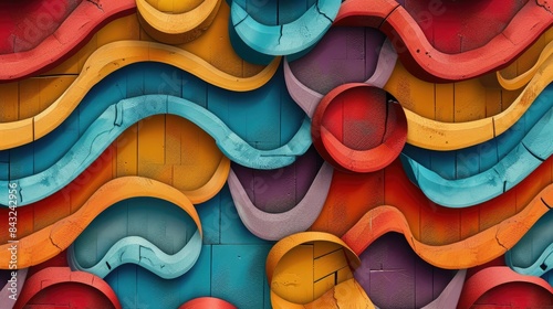 Pattern of seamless colorful wavy bricks with three circular concave shapes