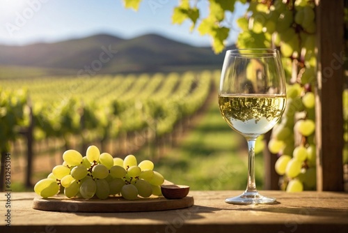 Sunlit Vineyard Scene: glass of chilled white wine held up against a sunlit vineyard.