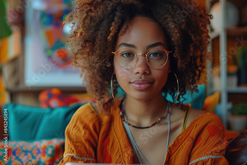 Young African woman with curly hair and glasses, wearing an orange top and hoop earrings, sitting in a colorful, cozy room.
