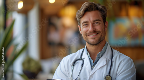 Smiling male doctor with a stethoscope, exuding confidence and friendliness, standing in a warmly lit clinic setting.