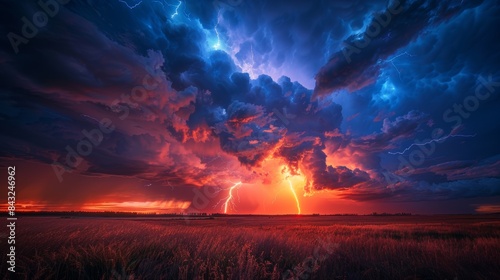 Stormy night with intense lightning bolts streaking across a vibrant blue-red sky, capturing the raw power and beauty of nature