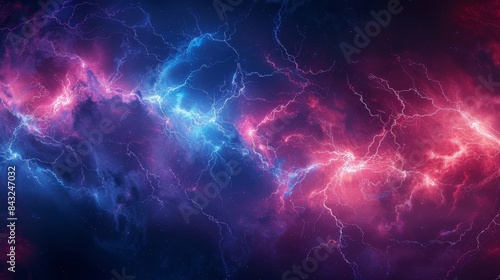 Stormy night with blue-red sky, abstract lightning bolts showcasing the raw power and electric energy of nature