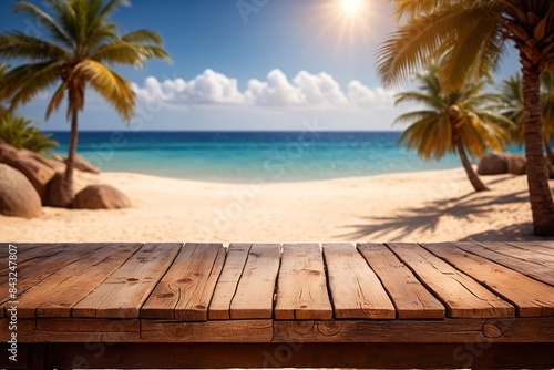 Empty wooden table top counter with palm trees summer beach, backdrop background