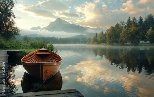 Peaceful Boat Docked at Tranquil Pier with Reflective Waters and Picturesque Landscape