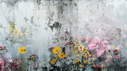 Painted concrete grunge with graphic wildflowers