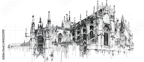 pencil drawing, Gothic architecture rises from the page with intricate arches and ornate details, set against a clean white backdrop