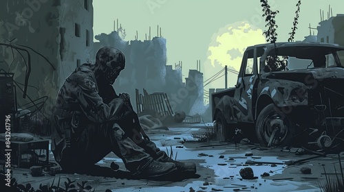 a zombie depiction , zombie cartoonistic sitting in street