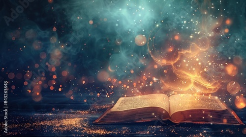 Aged book of magic open emitting magical sparks and smoke,evoking an ancient and fantastical library