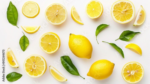 Fresh and Juicy Lemon with Leaves, Half, and Slice on Clean White Background