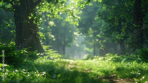 Natural dorest of woods with sunbeams through fog and leaves branch create mystic atmosphere. sunny morning in green forest