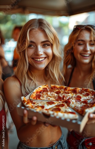 Three pals laughing, enjoying slices of pizza outdoors. Friends bonding, relishing pizza on the sidewalk