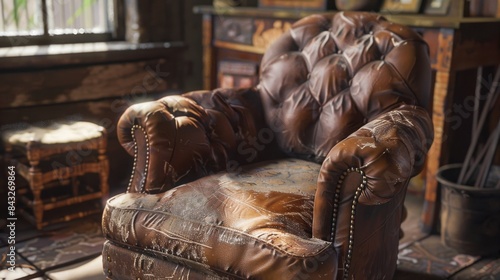 Vintage leather armchair in a rustic interior for home decor or cozy atmosphere design