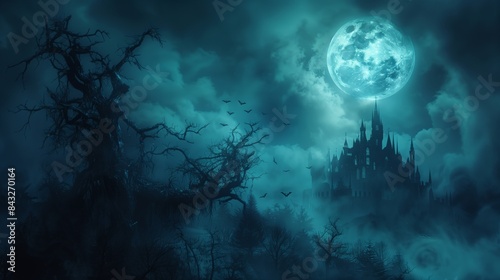 Graveyard cemetery to castle in Spooky scary dark Night 