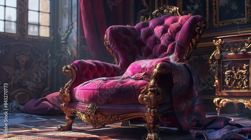 Vintage purple velvet armchair in an opulent interior for luxury home decor