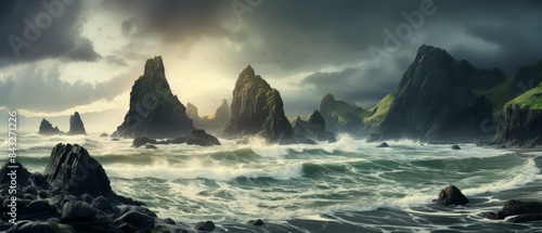 Rugged coastline with sea stacks and crashing waves under a stormy sky