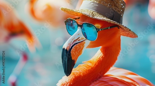 A flamingo wearing sunglasses and a hat 