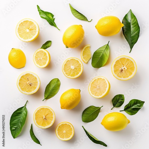 Fresh and Juicy Lemon with Leaves, Half, and Slice on Clean White Background