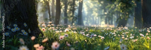 Natural dorest of woods with sunbeams through fog and leaves branch create mystic atmosphere. sunny morning in green forest