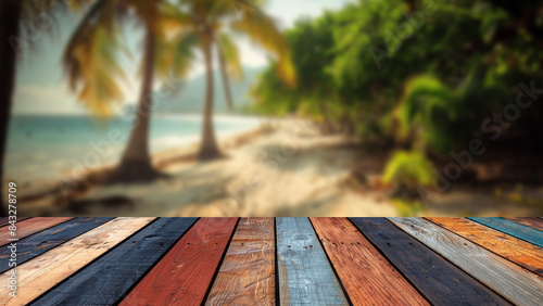 Sunny beach in summer provides a blurred backdrop for a wooden table, suitable for displaying and presenting summer products on the table.
