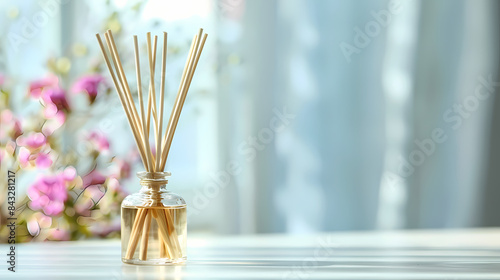 Home fragrance aroma diffuser with rattan sticks with a glass bottle, aroma reed diffuser home fragrance with rattan sticks on a light background