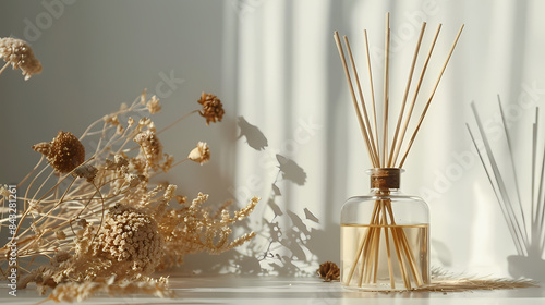 Home fragrance aroma diffuser with rattan sticks with a glass bottle, aroma reed diffuser home fragrance with rattan sticks on a light background