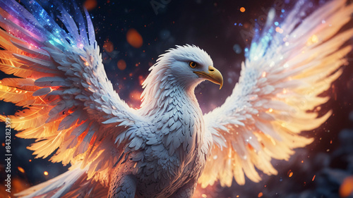Beautiful colorful white phoenix in magical lava with glowing lights.