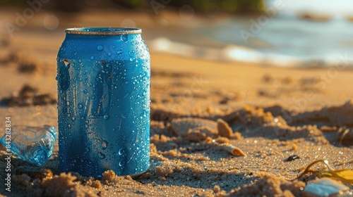 An aluminum can of beer lies in the sandy beach, its contents a refreshing liquid beverage waiting to be enjoyed under the sun AIG50