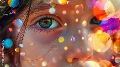 A close up of a little girl with black hair, bangs, smiling, with twinkling Christmas lights reflecting in her iris, eyelashes, nose, and rosy cheeks. A beautiful scene filled with joy and fun AIG50