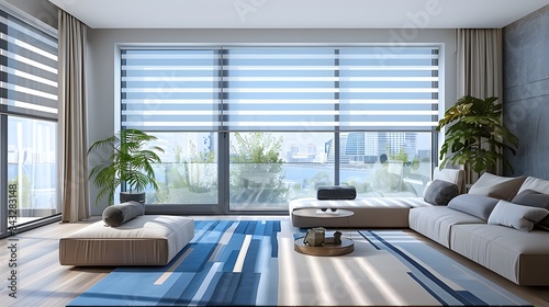 Window blinds in modern living room with blue and white stripes, large windows with sheer shades and sofa.