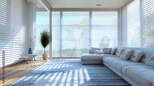 Window blinds in modern living room with blue and white stripes, large windows with sheer shades and sofa.