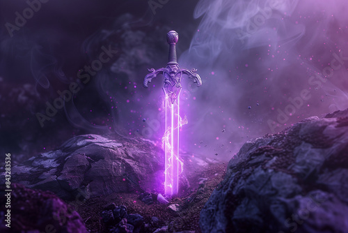 A Mystical Sword Emitting a Glowing Purple Light, Piercing Through a Rocky Terrain Shrouded in Mist and Magical Particles