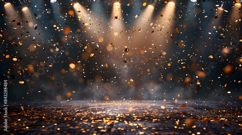 A stage with spotlights and golden confetti falling, perfect for festive events or award gatherings.