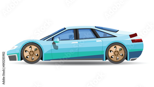 Concept vector illustration of detailed side of a flat mix blue sedan car with driving man inside car. with shadow of car on reflected from the ground below. And isolated white background.