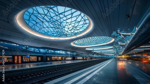 Night scene of railway station, modern roof with circular glass sections, creating dynamic light patterns, sleek architecture