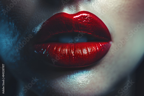 Retrato close-up lipstick rojo para promocionar marca de makeup, mockup lip gloss con espacio para texto, branding labial rojo marca de lujo v