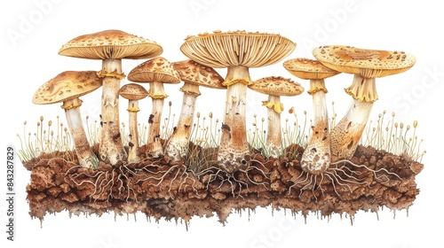 Mushroom cluster growing in rich soil, detailed botanical illustration, cross-sectional view showing mycelium network, realistic textures