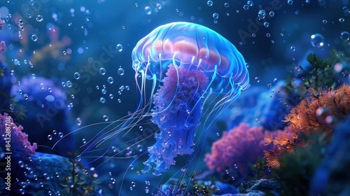 A jellyfish is swimming in the ocean with a blue and orange body